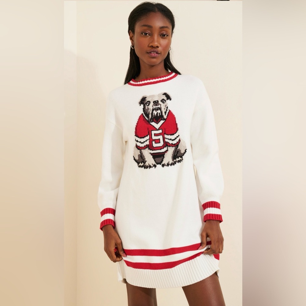 White Sweater Mini Dress with Red Bulldog Motif
